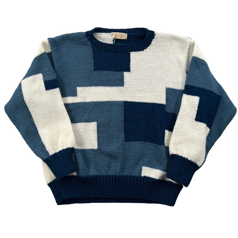 VTG 90s Handmade Sweater Mens Large Blue Colorblock Patchwork Knit Crew Chunky